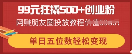 99元狂撬500+创业粉，单日五位数轻松变现，网创朋友圈投放教程-JM网创